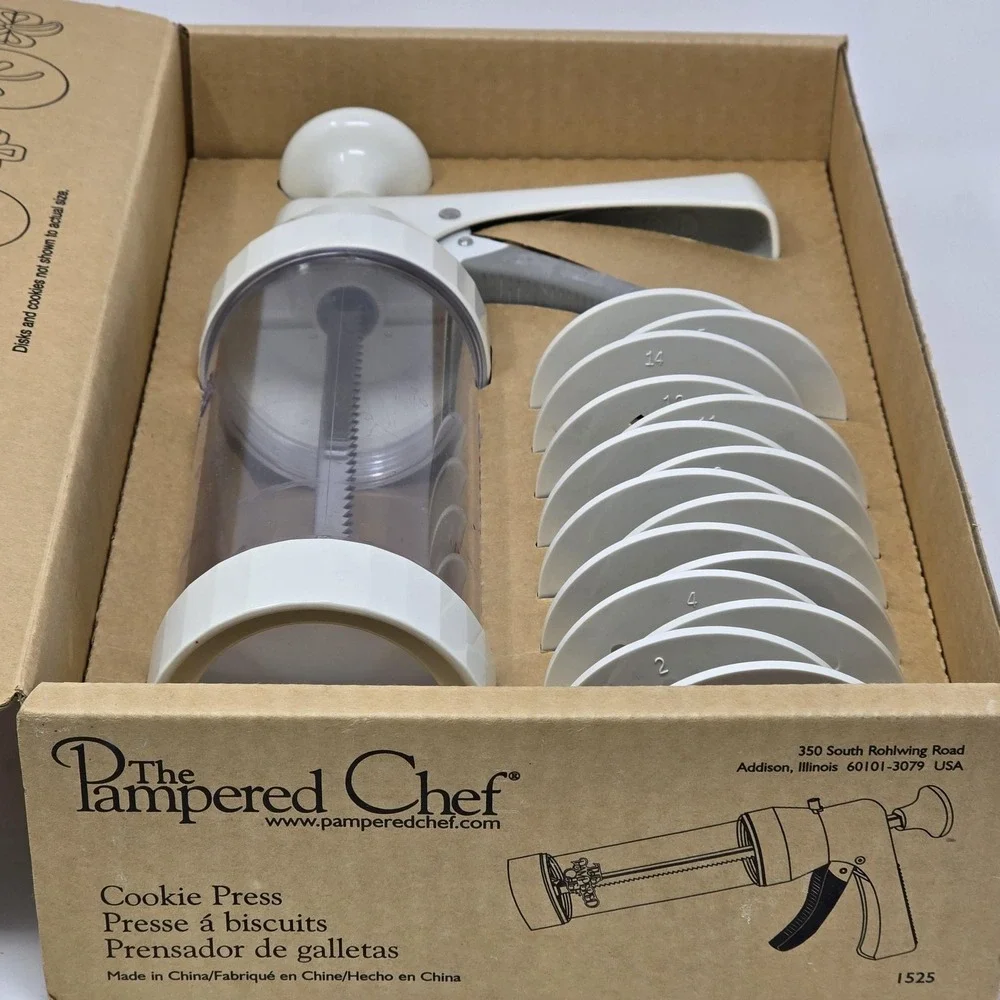 Pampered Chef Cookie‎ Press 1525 With 15 Discs Original Box Baking White Retired